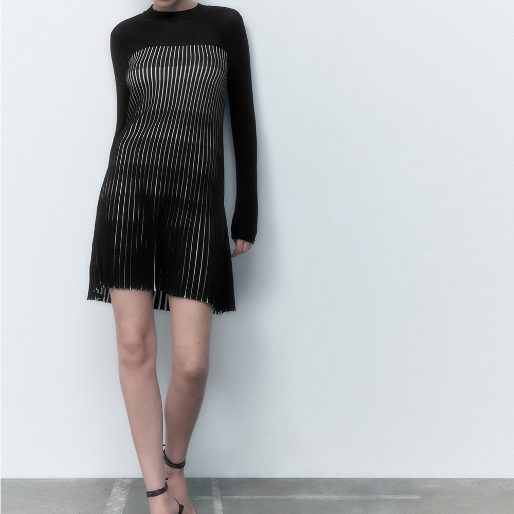 NWT Zara Pleated Knit Mini Dress Black Ribbed Sweater Dress